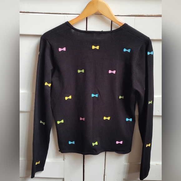 Etoile Women's Black Sweater with Embroidered Pastel Bows | V Neck | Sz Medium - Picture 2 of 7
